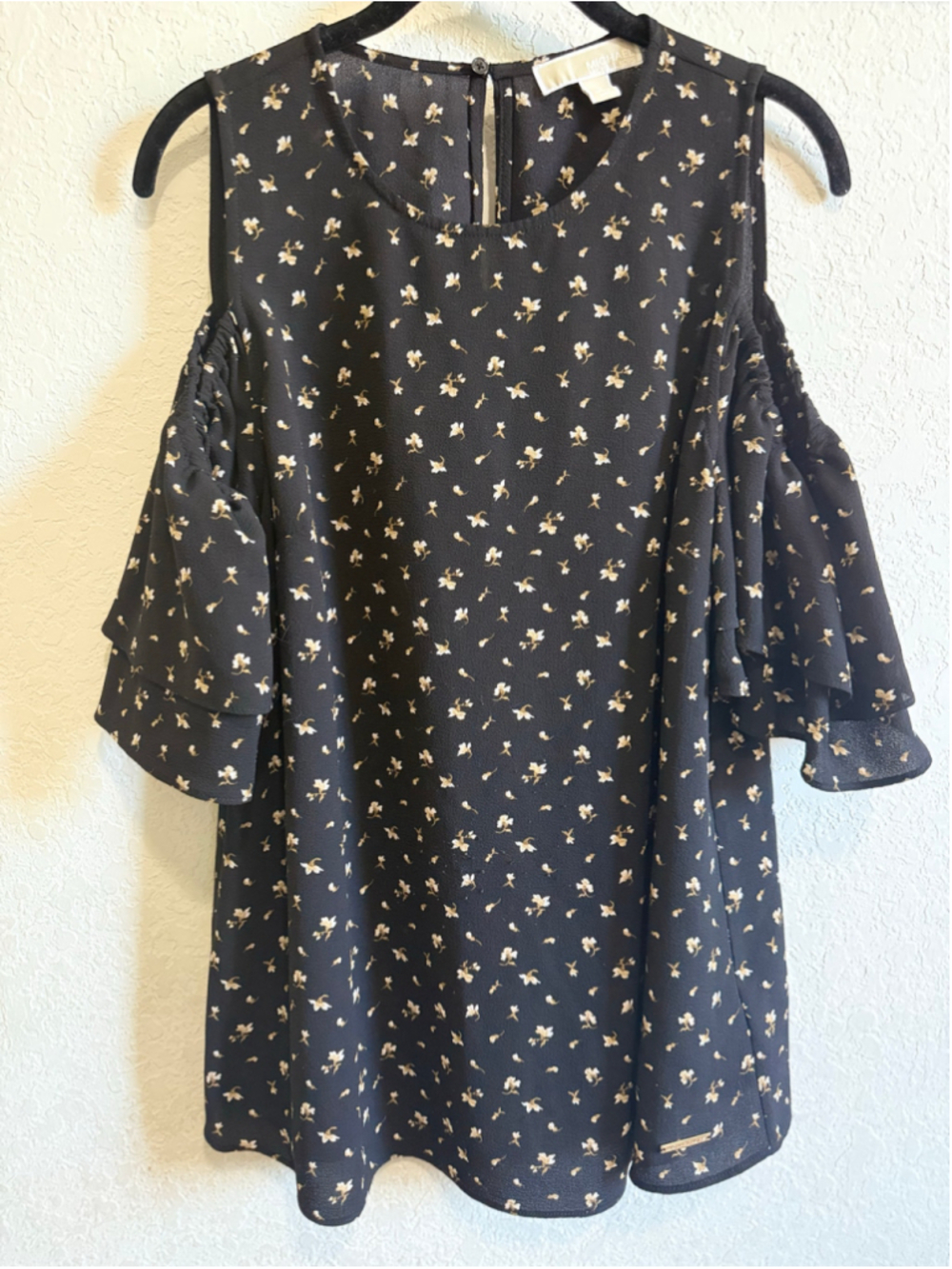 Women's Michael Kors Floral Cold Shoulder Blouse Black White Size L